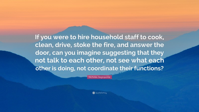 Nicholas Negroponte Quote: “If you were to hire household staff to cook, clean, drive, stoke the fire, and answer the door, can you imagine suggesting that they not talk to each other, not see what each other is doing, not coordinate their functions?”