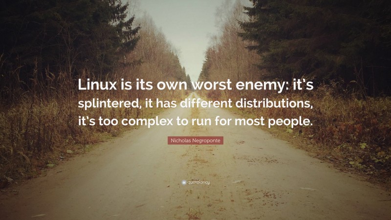 Nicholas Negroponte Quote: “Linux is its own worst enemy: it’s splintered, it has different distributions, it’s too complex to run for most people.”