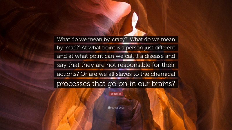 Jo Nesbo Quote: “What do we mean by ‘crazy?’ What do we mean by ‘mad?’ At what point is a person just different and at what point can we call it a disease and say that they are not responsible for their actions? Or are we all slaves to the chemical processes that go on in our brains?”