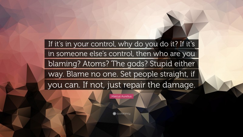 Marcus Aurelius Quote: “If it’s in your control, why do you do it? If it’s in someone else’s control, then who are you blaming? Atoms? The gods? Stupid either way. Blame no one. Set people straight, if you can. If not, just repair the damage.”