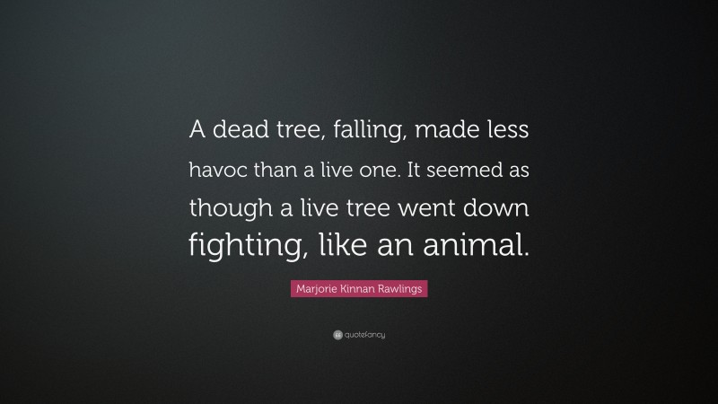 Marjorie Kinnan Rawlings Quote: “A dead tree, falling, made less havoc than a live one. It seemed as though a live tree went down fighting, like an animal.”