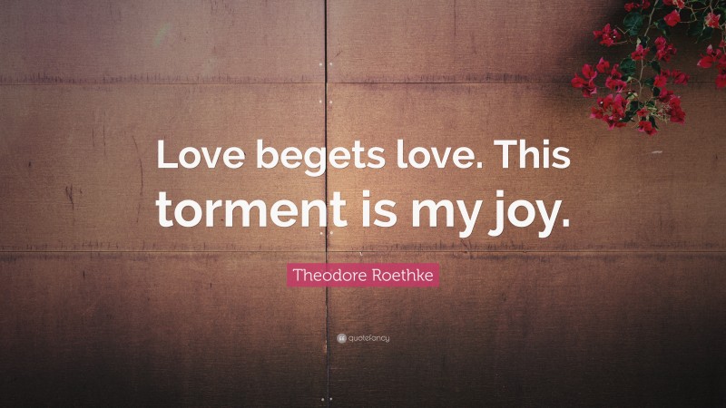 Theodore Roethke Quote: “Love begets love. This torment is my joy.”