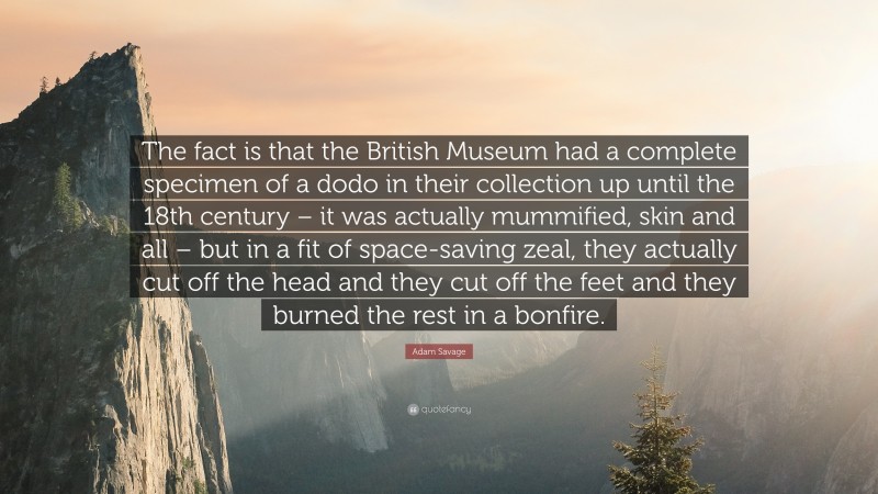 Adam Savage Quote: “The fact is that the British Museum had a complete specimen of a dodo in their collection up until the 18th century – it was actually mummified, skin and all – but in a fit of space-saving zeal, they actually cut off the head and they cut off the feet and they burned the rest in a bonfire.”