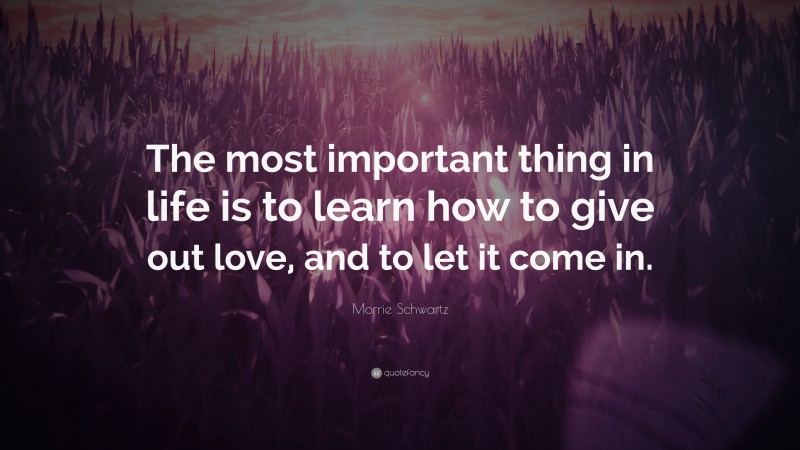 Morrie Schwartz Quote: “The most important thing in life is to learn how to give out love, and to let it come in.”