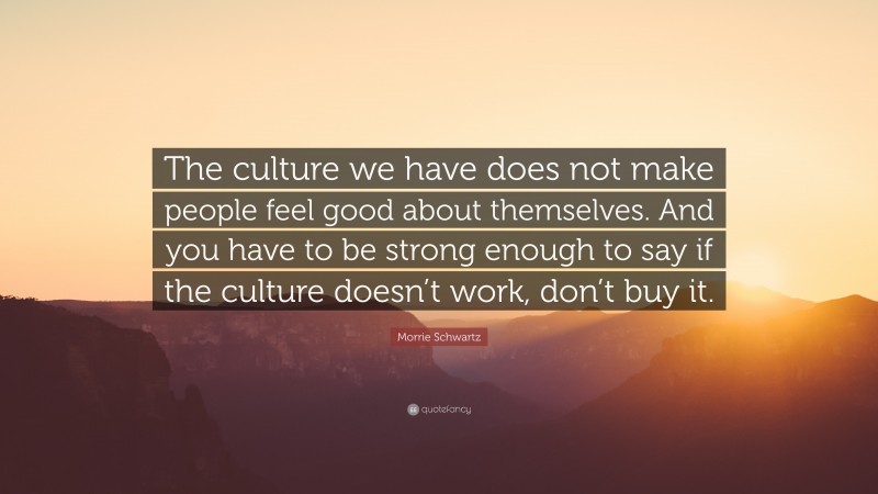 Morrie Schwartz Quote: “The culture we have does not make people feel good about themselves. And you have to be strong enough to say if the culture doesn’t work, don’t buy it.”