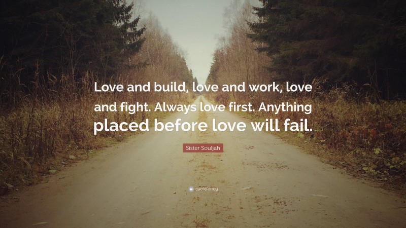 Sister Souljah Quote: “Love and build, love and work, love and fight. Always love first. Anything placed before love will fail.”