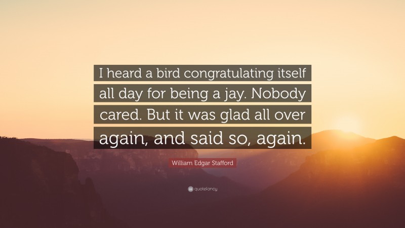 William Edgar Stafford Quote: “I heard a bird congratulating itself all day for being a jay. Nobody cared. But it was glad all over again, and said so, again.”