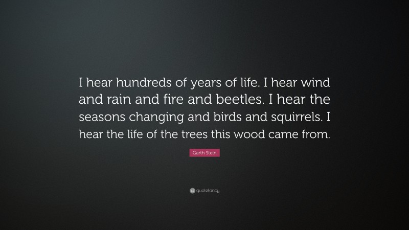 Garth Stein Quote: “I hear hundreds of years of life. I hear wind and rain and fire and beetles. I hear the seasons changing and birds and squirrels. I hear the life of the trees this wood came from.”