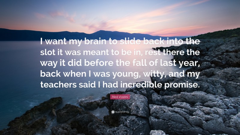 Ned Vizzini Quote: “I want my brain to slide back into the slot it was meant to be in, rest there the way it did before the fall of last year, back when I was young, witty, and my teachers said I had incredible promise.”