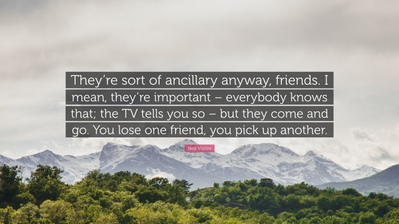 Ned Vizzini Quote: “They’re sort of ancillary anyway, friends. I mean, they’re important – everybody knows that; the TV tells you so – but they come and go. You lose one friend, you pick up another.”