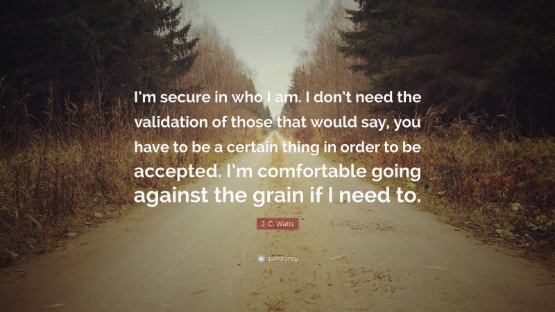 J. C. Watts Quote: “I’m secure in who I am. I don’t need the validation of those that would say, you have to be a certain thing in order to be accepted. I’m comfortable going against the grain if I need to.”