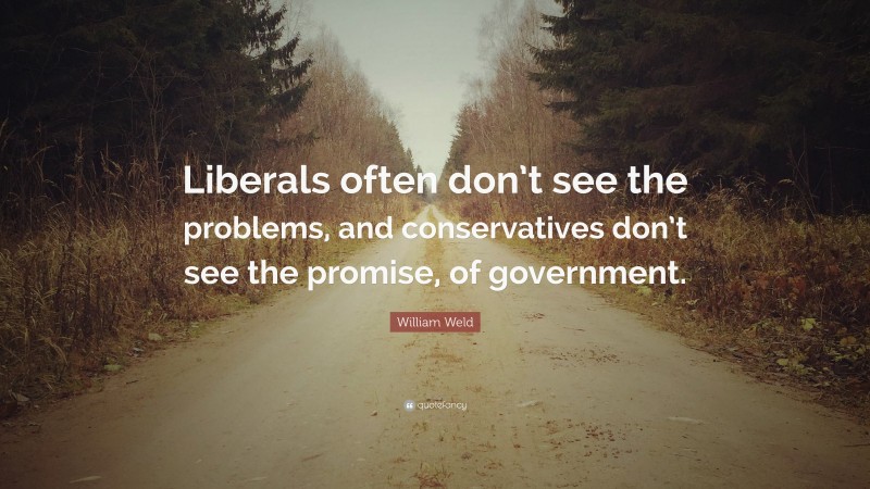 William Weld Quote: “Liberals often don’t see the problems, and conservatives don’t see the promise, of government.”