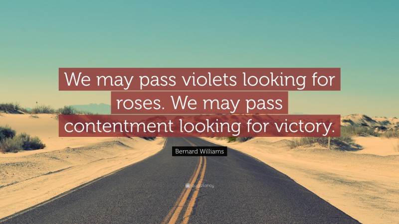 Bernard Williams Quote: “We may pass violets looking for roses. We may pass contentment looking for victory.”