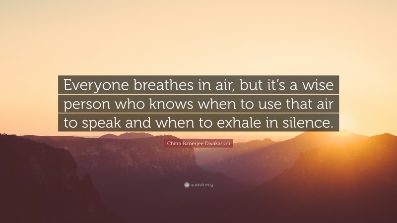 Chitra Banerjee Divakaruni Quote: “Everyone breathes in air, but it’s a wise person who knows when to use that air to speak and when to exhale in silence.”