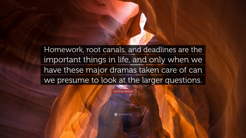 Cynthia Heimel Quote: “Homework, root canals, and deadlines are the important things in life, and only when we have these major dramas taken care of can we presume to look at the larger questions.”