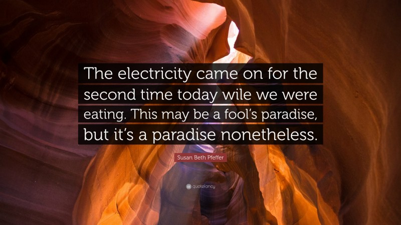 Susan Beth Pfeffer Quote: “The electricity came on for the second time today wile we were eating. This may be a fool’s paradise, but it’s a paradise nonetheless.”