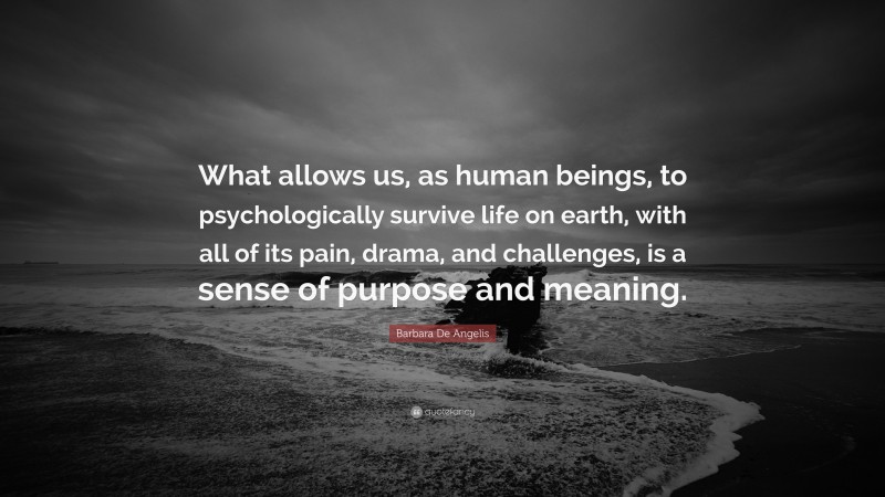 Barbara De Angelis Quote: “What allows us, as human beings, to psychologically survive life on earth, with all of its pain, drama, and challenges, is a sense of purpose and meaning.”