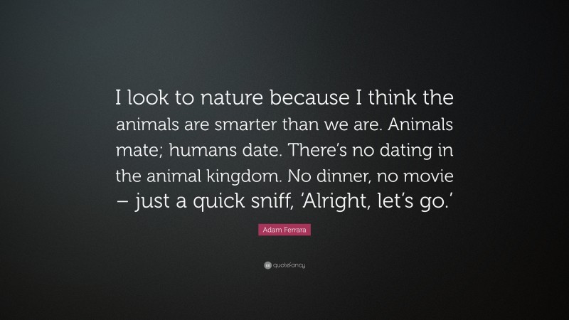 Adam Ferrara Quote: “I look to nature because I think the animals are smarter than we are. Animals mate; humans date. There’s no dating in the animal kingdom. No dinner, no movie – just a quick sniff, ‘Alright, let’s go.’”