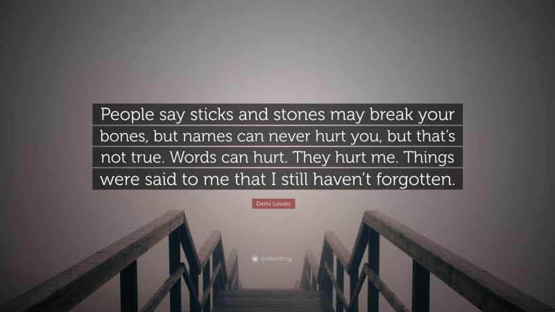 Demi Lovato Quote: “People say sticks and stones may break your bones, but names can never hurt you, but that’s not true. Words can hurt. They hurt me. Things were said to me that I still haven’t forgotten.”