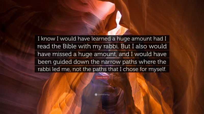 David Plotz Quote: “I know I would have learned a huge amount had I read the Bible with my rabbi. But I also would have missed a huge amount, and I would have been guided down the narrow paths where the rabbi led me, not the paths that I chose for myself.”