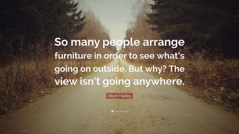 Albert Hadley Quote: “So many people arrange furniture in order to see what’s going on outside. But why? The view isn’t going anywhere.”