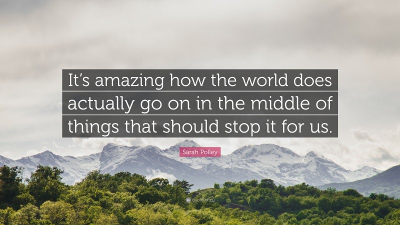 Sarah Polley Quote: “It’s amazing how the world does actually go on in the middle of things that should stop it for us.”