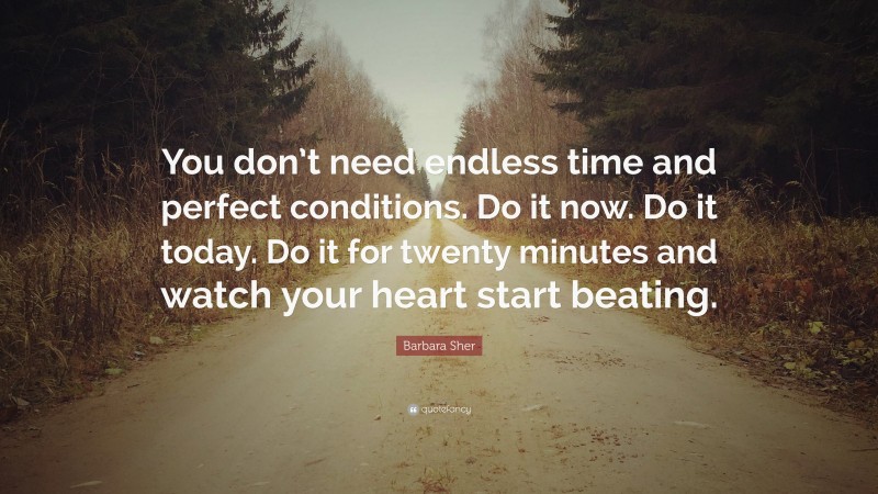 Barbara Sher Quote: “You don’t need endless time and perfect conditions. Do it now. Do it today. Do it for twenty minutes and watch your heart start beating.”