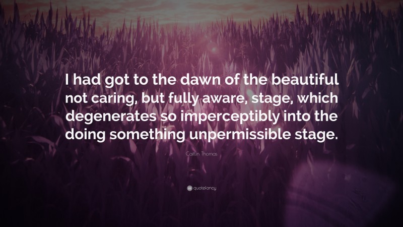Caitlin Thomas Quote: “I had got to the dawn of the beautiful not caring, but fully aware, stage, which degenerates so imperceptibly into the doing something unpermissible stage.”