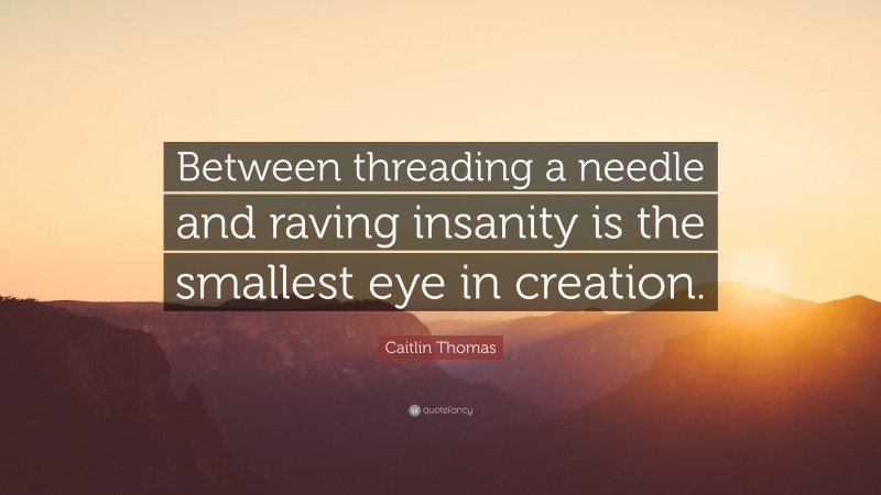 Caitlin Thomas Quote: “Between threading a needle and raving insanity is the smallest eye in creation.”