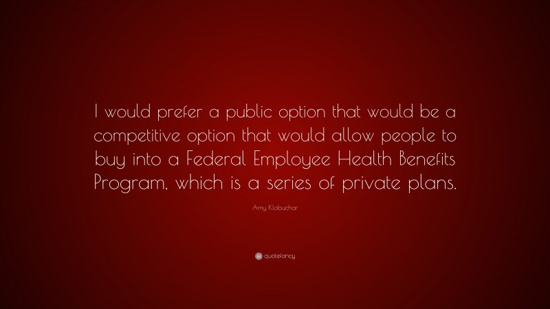 Amy Klobuchar Quote: “I would prefer a public option that would be a competitive option that would allow people to buy into a Federal Employee Health Benefits Program, which is a series of private plans.”