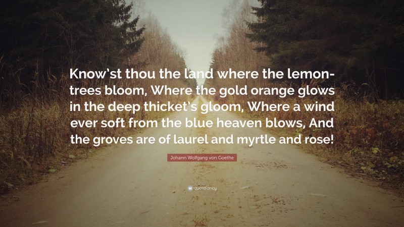 Johann Wolfgang von Goethe Quote: “Know’st thou the land where the lemon-trees bloom, Where the gold orange glows in the deep thicket’s gloom, Where a wind ever soft from the blue heaven blows, And the groves are of laurel and myrtle and rose!”