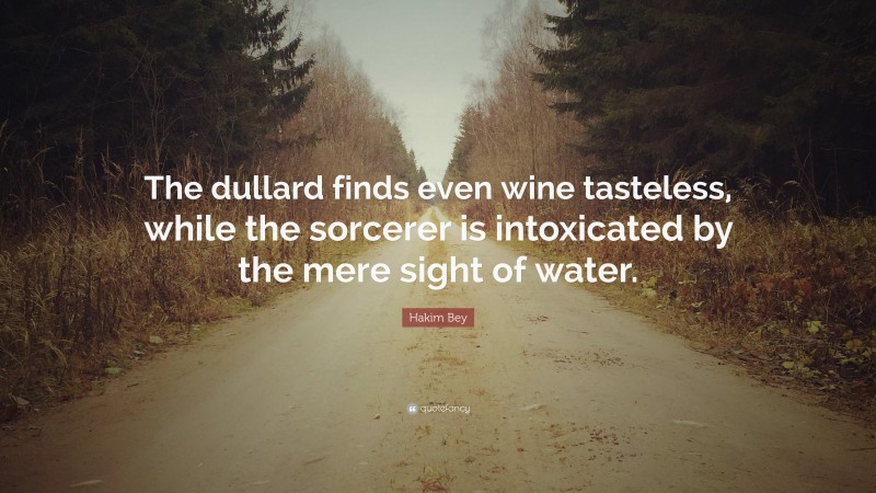 Hakim Bey Quote: “The dullard finds even wine tasteless, while the sorcerer is intoxicated by the mere sight of water.”