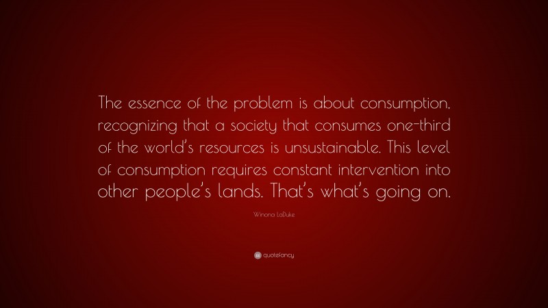 Winona LaDuke Quote: “The essence of the problem is about consumption, recognizing that a society that consumes one-third of the world’s resources is unsustainable. This level of consumption requires constant intervention into other people’s lands. That’s what’s going on.”