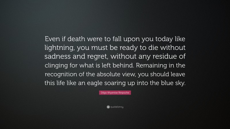 Dilgo Khyentse Rinpoche Quote: “Even if death were to fall upon you today like lightning, you must be ready to die without sadness and regret, without any residue of clinging for what is left behind. Remaining in the recognition of the absolute view, you should leave this life like an eagle soaring up into the blue sky.”