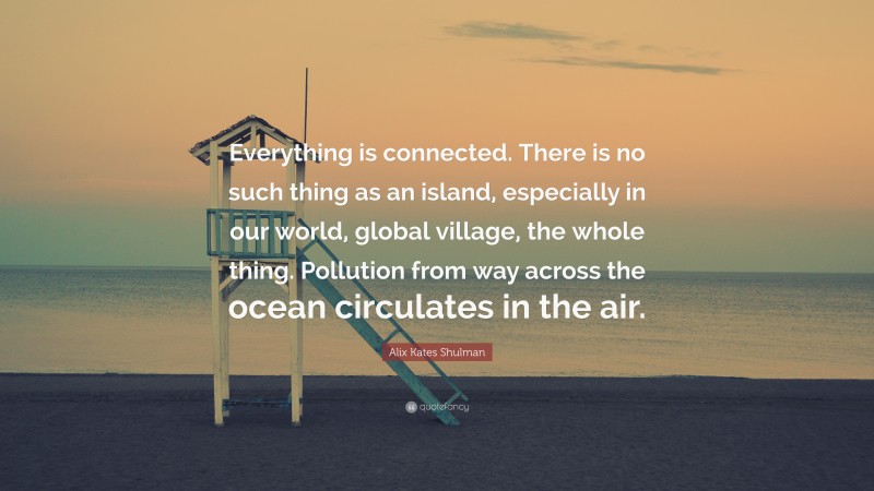 Alix Kates Shulman Quote: “Everything is connected. There is no such thing as an island, especially in our world, global village, the whole thing. Pollution from way across the ocean circulates in the air.”