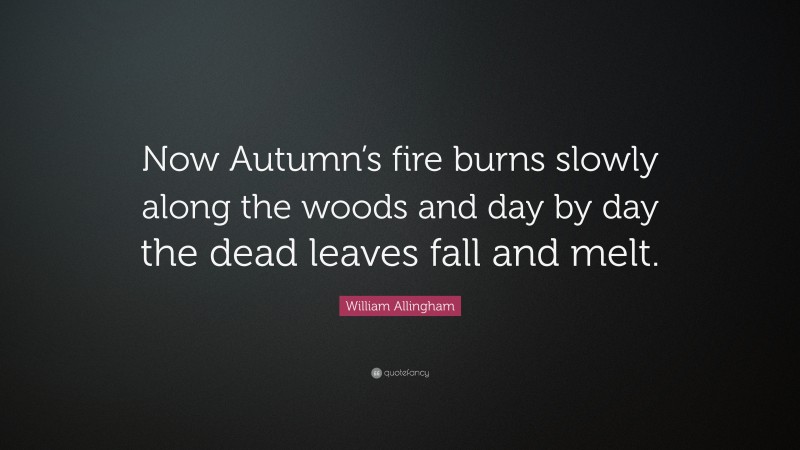 William Allingham Quote: “Now Autumn’s fire burns slowly along the woods and day by day the dead leaves fall and melt.”