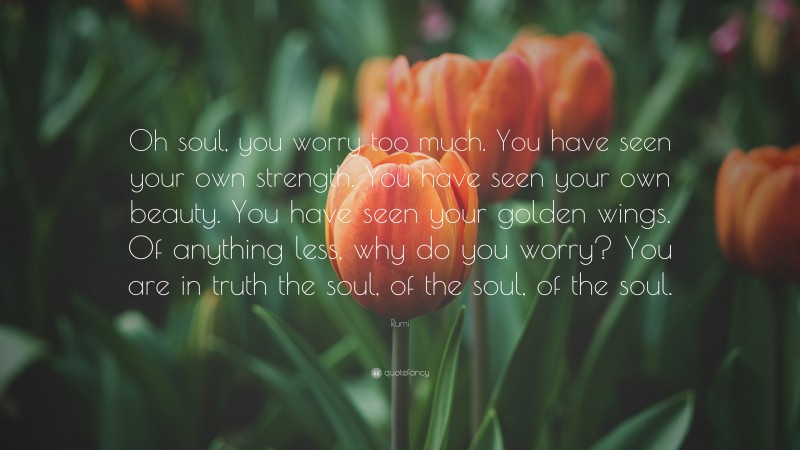 Rumi Quote: “Oh soul, you worry too much. You have seen your own strength. You have seen your own beauty. You have seen your golden wings. Of anything less, why do you worry? You are in truth the soul, of the soul, of the soul.”