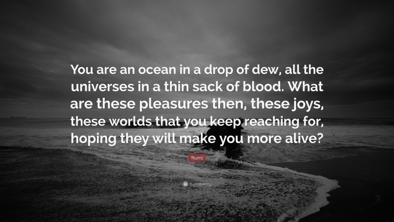 Rumi Quote: “You are an ocean in a drop of dew, all the universes in a thin sack of blood. What are these pleasures then, these joys, these worlds that you keep reaching for, hoping they will make you more alive?”