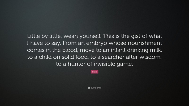 Rumi Quote: “Little by little, wean yourself. This is the gist of what I have to say. From an embryo whose nourishment comes in the blood, move to an infant drinking milk, to a child on solid food, to a searcher after wisdom, to a hunter of invisible game.”