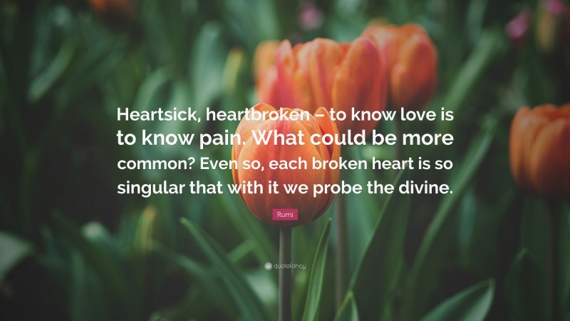 Rumi Quote: “Heartsick, heartbroken – to know love is to know pain. What could be more common? Even so, each broken heart is so singular that with it we probe the divine.”