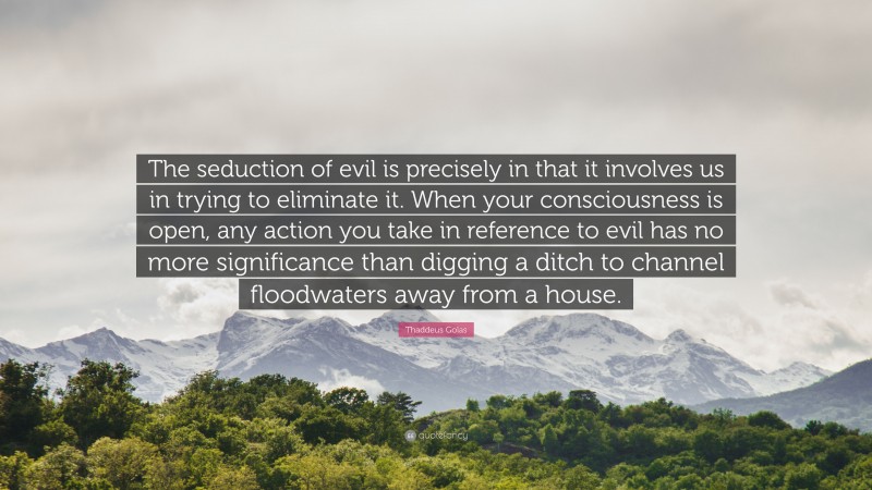 Thaddeus Golas Quote: “The seduction of evil is precisely in that it involves us in trying to eliminate it. When your consciousness is open, any action you take in reference to evil has no more significance than digging a ditch to channel floodwaters away from a house.”