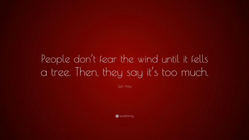 Sefi Atta Quote: “People don’t fear the wind until it fells a tree. Then, they say it’s too much.”