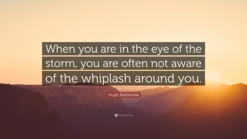 Hugh Bonneville Quote: “When you are in the eye of the storm, you are often not aware of the whiplash around you.”