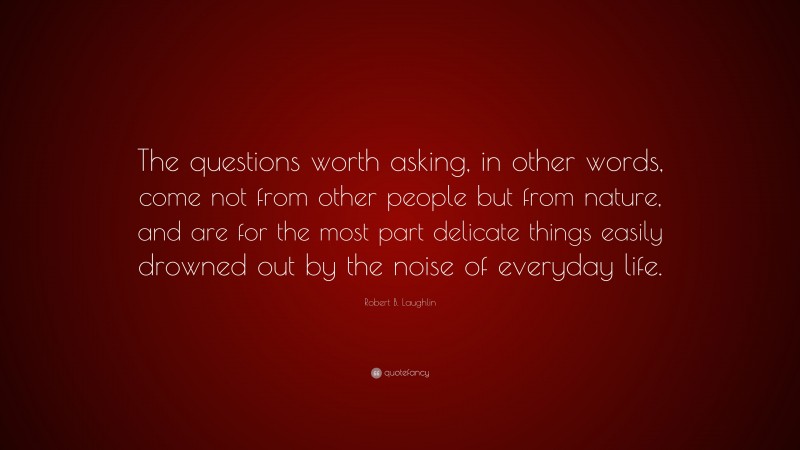 Robert B. Laughlin Quote: “The questions worth asking, in other words, come not from other people but from nature, and are for the most part delicate things easily drowned out by the noise of everyday life.”
