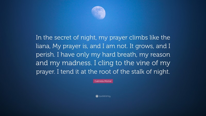 Gabriela Mistral Quote: “In the secret of night, my prayer climbs like the liana, My prayer is, and I am not. It grows, and I perish. I have only my hard breath, my reason and my madness. I cling to the vine of my prayer. I tend it at the root of the stalk of night.”