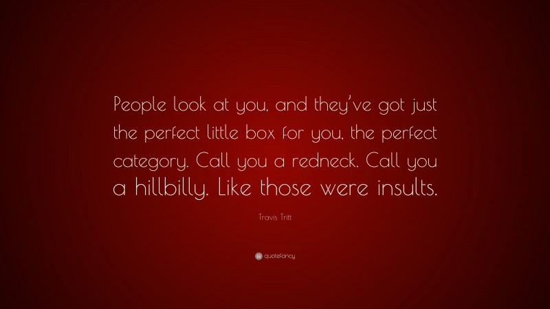 Travis Tritt Quote: “People look at you, and they’ve got just the perfect little box for you, the perfect category. Call you a redneck. Call you a hillbilly. Like those were insults.”