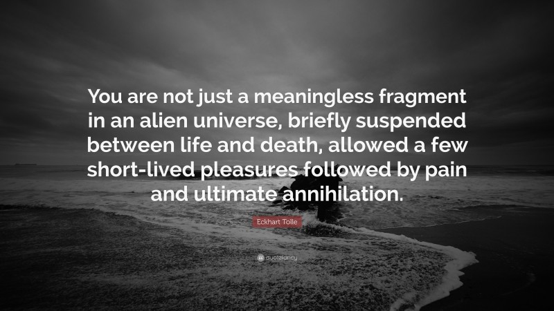 Eckhart Tolle Quote: “You are not just a meaningless fragment in an alien universe, briefly suspended between life and death, allowed a few short-lived pleasures followed by pain and ultimate annihilation.”