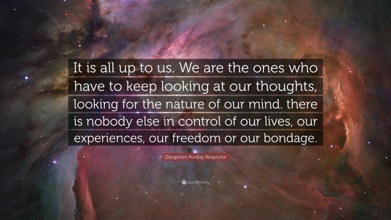 Dzogchen Ponlop Rinpoche Quote: “It is all up to us. We are the ones who have to keep looking at our thoughts, looking for the nature of our mind. there is nobody else in control of our lives, our experiences, our freedom or our bondage.”