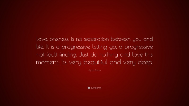 Ajahn Brahm Quote: “Love, oneness, is no separation between you and life. It is a progressive letting go, a progressive not fault finding. Just do nothing and love this moment. Its very beautiful and very deep.”