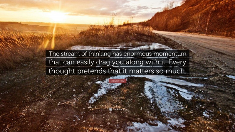 Eckhart Tolle Quote: “The stream of thinking has enormous momentum that can easily drag you along with it. Every thought pretends that it matters so much.”